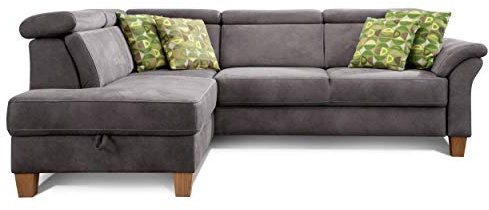 Cavadore Schlafsofa Ammerland mit Ottomane links / Federkern-Sofa im Landhausstil mit verstellbaren Kopfstützen, Bett und Bettkasten / 245 x 84 x 194 / Lederoptik dunkelgrau