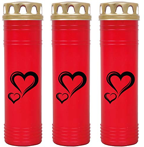 HScandle Grabkerze - 3er Pack - (Rot) Grablicht ca. 7 Tage Brenndauer je Kerze - Motiv: Herz