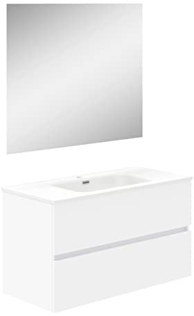 Baikal Mueble de Baño Dos cajones, suspendido a la Pared con Lavabo. Melamina 16. Mueble montado. Mueble de 90cm Blanco con Espejo Luna Lisa