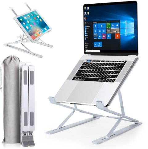 HOMELUX THEORY Foldable Laptop Stand for Desk Adjustable Height, Portable Aluminum Laptop Holder for Travel, MacBook and Devices 15.6 up (Silver)