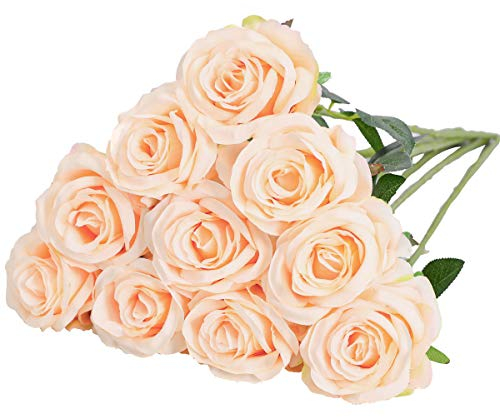 Nubry Artificial Silk Rose Flower Single Stem Lifelike Fake Rose for Wedding Bouquet Floral Arrangements Home Party Centerpiece Decoration, 10pcs (Champagne)