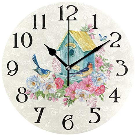 ALAZA Butterfly Clocks Bird House Wall Clock Birds Clock for Bathroom Garden Clocks Battery Operated Kitchen Clocks Wall Decorative 9.5 in Non Ticking Round Quartz Analog Clock