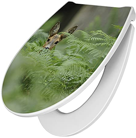 banjado WC Sitz mit Absenkautomatik D Form - Toilettendeckel mit Absenkautomatik D Form - Klodeckel Softclose - stabile Klobrille - Toilettensitz Weiß - Motiv Reh