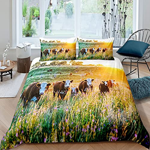 Kühe Bettwäsche Set 155x220cm Tier Das Vieh Drucken Bettbezug Set Kinder Mädchen Jungen Natur Wiese Landschaft Bettwäsche Bauernhof Tierhaltung Betten Set mit 1 Kissenbezug 80X80cm Super Weicher