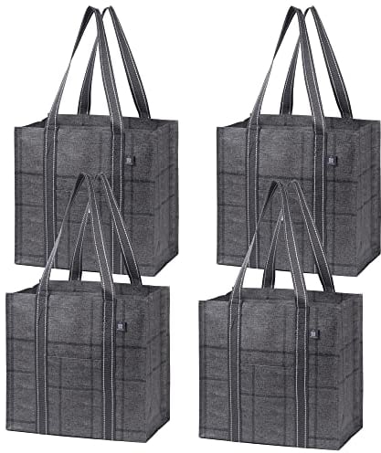 VENO 4 Pack Reusable Grocery Shopping Bag w/Hard Bottom for Trolley Cart, Heavy Duty Tote Bag for Life w/Front Pocket, Beach Bag, Multi-Purpose Water-Resistant(Windowpane, 4 Pack)