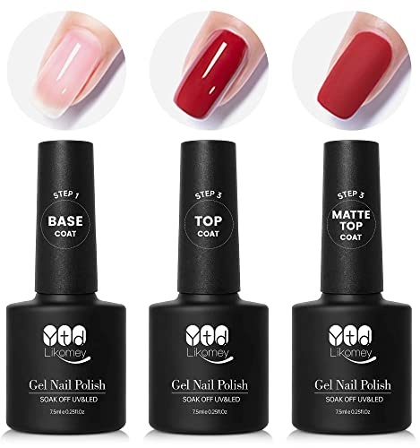 YTD Likomey Gel Nail Polish Base Coat and Top Coat Kit,Long Lasting No Wipe Glossy Matte Coat UV Nail Gel Set,3 Pcs 7.5 ml