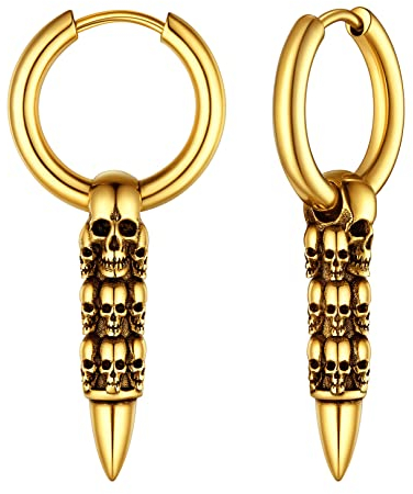 FOCALOOK Herren Creolen Totenkopf Ohrringe Edelstahl Hängend Gold Earrings Halloween Schmuck Weihnachten Männer Vergoldet
