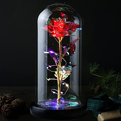Veryhome Mothers Day Flowers Gifts Rose Gifts for Her Preserved Flowers Women Galaxy Rose Rainbow Light Up Flowers in Glass Dome Christmas Decoration for Valentine's Day Anniversary Mother's Day