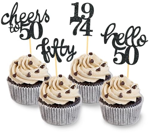 24 Stück Glitzer 50. Geburtstag Cupcake Topper, Geburtstagsdeko 50 von 1975 für Deko zum 50.Geburtstag, 50 Geburtstagsfeier Zubehör Party Dekoration Kuchendekoration (Schwarz)