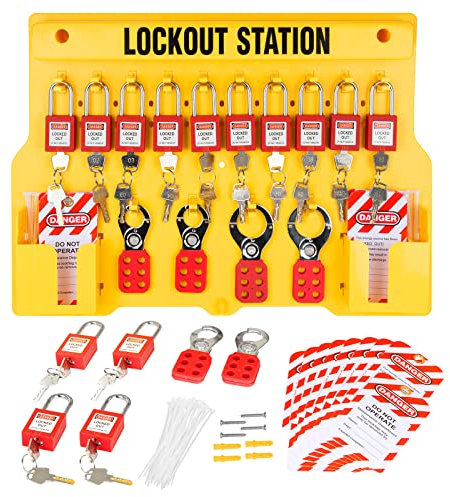 Fineera Lockout Tagout Station with Loto Devices - Lock Out Tag Out Kit Board Include 14 Pack Safety Lock Set, 6 Hasps, 40 Do Not Operate Tags, Lockout Safety Supply for OSHA Compliance