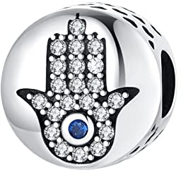 Symretie Hamsa Hand Charm Bead Anhänger mit Cubic Zirkonia,925 Sterling Silber passend für Armbänder und Halskette Perlen Schmuck Geschenke für Frauen Mädchen Familie und Freunde
