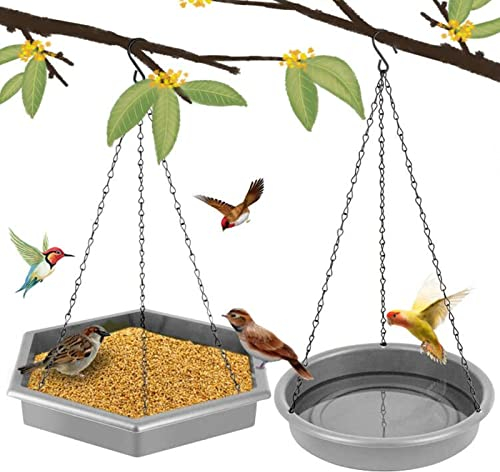 Vogeltränke Vogelfutterspender zum Aufhängen, 2 in 1 XL Vogelfutterstation Hängend & Vogelbadewanne für Außenbereich, Futterspender Wildvögel Vogelfutterhaus zum Aufhängen (Dunkelgrau)