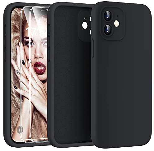 HATOSHI 3-in-1 iPhone 12 Hülle mit 2 Stück Schutzglas, Flüssig Silikon Anti-Rutsch Kratzfestes Stoßfest Handyhülle iPhone 12 Schutzhüll, Schwarz