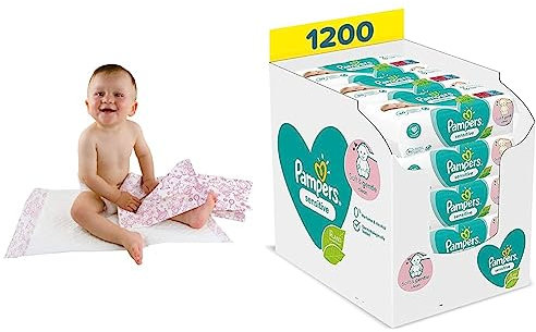 Teqler Baby-Wickelunterlagen: Wickelunterlagen mit verschiedenen Motiven für unterwegs, hygienisch mit Superabsorber 40 x 60cm (50-er Pack) & Pampers Sensitive Baby Feuchttücher, 1200 Tücher (15 x 80)