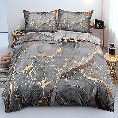 Luowei Bettwäsche Marmor 135×200cm 4 Teilig Grau Gold Wendebettwäsche Microfaser 2 Bettbezüge und 2 Kissenbezüge 80x80cm mit Reißverschluss