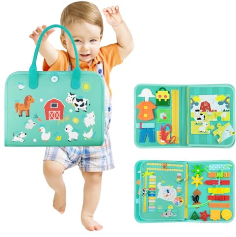 Suevut Busy Board Giochi Montessori 1 2 3 Anni Bambini,4 Strati Tavola Montessori 1 Anno,Pannello Sensoriale Valigetta Montessori,con Fibbie,Cerniere,Bottoni,Orologio,Alfabeto,per Motricità Fine
