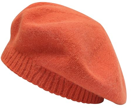 ZLYC Damen Winter Baskenmutze Klassische Barett Drucken Weich Warm Französische Mütze(Einfarbig Orange)