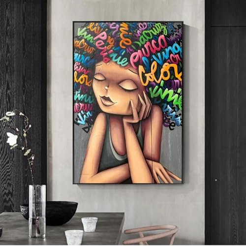 Wandkunst für Wohnzimmer, gerahmt, Graffiti-Kunst, Leinwanddrucke, Gemälde, afrikanisches Mädchen, Straßenkunst, Pop-Art, Leinwandbilder, 20 x 30 cm, mit goldenem Rahmen
