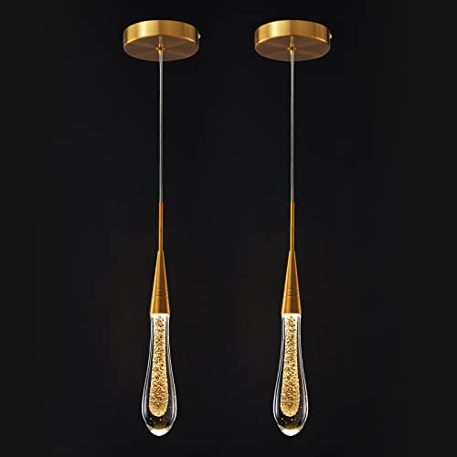 Lámparas de cocina de techo regulable LED moderna lámpara colgante de oro mini lámpara colgante de cristal en forma de lágrima para cocina, isla, dormitorio, pasillo, entrada (paquete de 2)