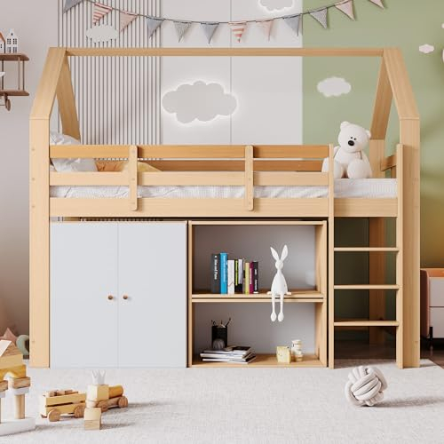 Hausbett kinder,Kinderbett,Jugendbett 90x200,with ladder, bed frame made of solid wood with fall protection,vielseitiges Holz Kinderbett für Jungen & Mädchen