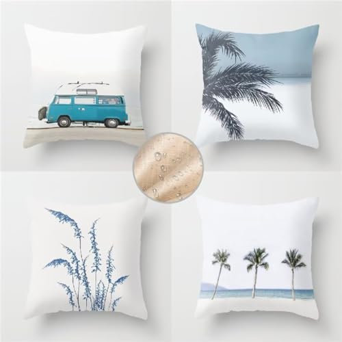 Outdoor Kissen Palme Kissenbezug 40x40 cm Kopfkissen 4er Set Sofakissen Wetterfest Kissenhülle Dekokissen Strand Kissenbezüge Quadratische Leinen Couch Zierkissen für Gartenmöbel Zuhause Dekor F601