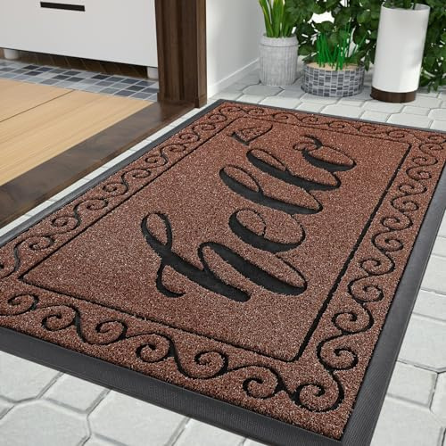 Yimobra Hello Front Door Mat, Heavy Duty Easy Clean Doormat Indoor Outdoor, Waterproof Quick Dry Floor Mat for Home, Garage, Hign Traffic Areas, Non Slip, Low Profile, 75x43 cm, Maroon