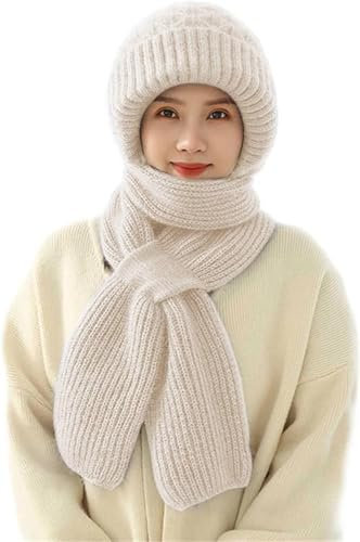 MAKFORT Frauen Verdickte Integrierter Gehörschutz Winddichte Mütze Schal Damen Warme 2 in 1 Mützenschal Strickmütze Winter Kapuzenschal