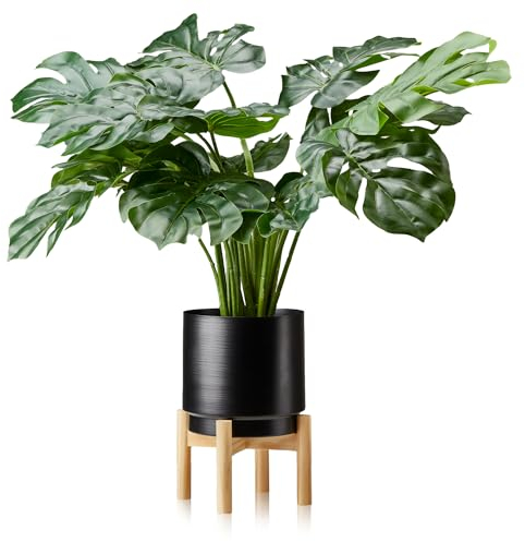KHG Übertopf Schwarz mit 4 Beinen Holz, Blumentopf rund mit Holzgestell Kiefer, Größe M - Durchmesser 21 cm, Höhe 20 cm, Metall pulverbeschichtet, Stil Modern, Skandi, Industrial, wasserfest