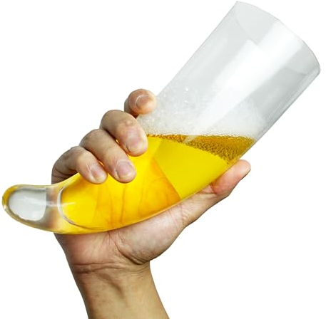 Winkee - Bier Horn Glas - Rustikales Glas Design, speziell für Bier I Ideal für Bierliebhaber I Stabiler Holz - Ständer Inklusive