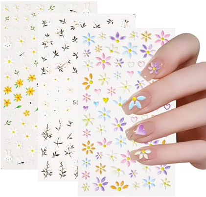 3 Blatt Nagelsticker Blumen, Nagelaufkleber 5D Frühling Sommer Blumen Nagel Sticker Selbstklebend Nagelaufkleber Nageldesign Zubehör DIY für Damen Mädchen