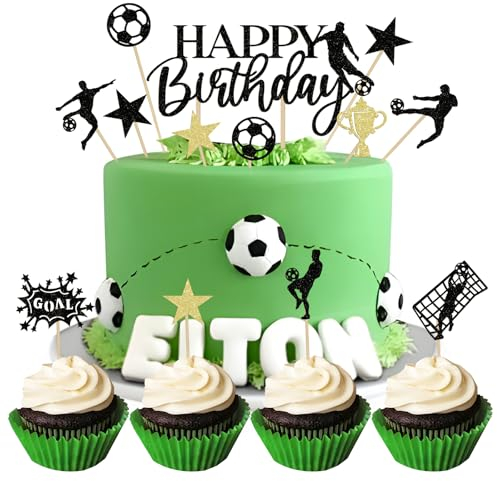 BOOMTOP 13Pcs Football Cake Decorations: Happy Birthday Cake Topper + 12Pcs Cup Cake Toppers for Boys Men Sports Theme Birthday Party Decorations