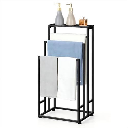 Freestanding Towel Rack for Bathroom 3 Tier Metal Floor Towel Stand Industrial Blanket Ladder Holder with Storage Shelf for Bedroom Living Room, Black