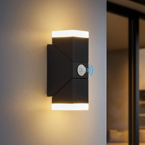 BOJIM Außenlampe mit Bewegungsmelder, 12W LED Up Down Wandleuchte Aussen IP65 Wasserdichte, Modern Außenwandleuchte mit Schwenkbar Panel, 3000K Warmweiß für Garten Terrasse Flur Haustür, Schwarz