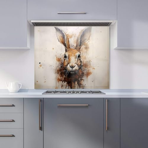 Warren Reed - Designer Premium Watercolour Hare Face Kitchen Splashback 6mm Toughened Glass Kitchen Splashback – Heat Resistant Splashback for Kitchens, Perfect for Cookers and Hobs, Polished Edges