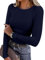 Titimiss Damen Rundhals Pullover Herbst Stretch Langarmshirt Elegant Langarm Rippshirt Oberteile Pulli Basic Tops A Dunkelblau S