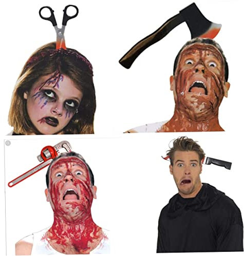 4 Packs Halloween Costume Scary Headbands, Rubber Knife Headband Plastic Cutter Axe Cleaver And Scissor Through Head, Zombie Accessories Halloween Party Headbands