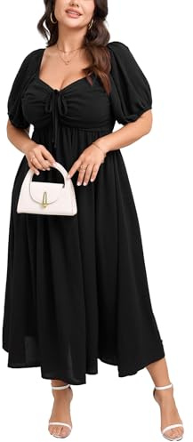 SCOMCHIC Plus Size Wedding Guest Cocktail Formal Maxi Dress Sweetheart Neckline Short Puff Sleeve Smocked Party Dresses, Black, XXL Plus