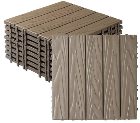 Bonnlo Decking Tiles Outdoor, 27Pcs Interlocking Plastic Decking Tiles, 30×30cm Balcony Flooring, Weather Resisitant for Indoor & Outdoor, Coffee Brown