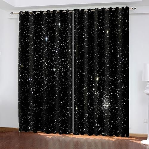Epinki Blickdichte Vorhänge Schwarz 2er Pack, Sternenhimmel Dicke Thermovorhang Kälteschutz Thermogardine, Sichtschutz Gardinen mit Ösen H183 x B214 cm