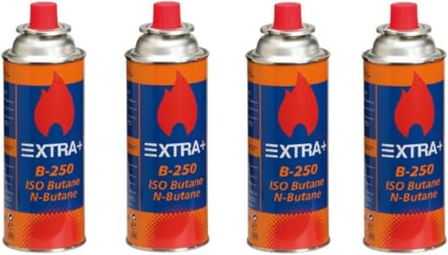 DISPAU Pack de 4 Cartuchos de Gas Butano Modelo B-250 QBAK | Recambio Gas Propano para Cocina Portátil, Hornillo, Soplete, Soldador, Camping | Cartucho desechable con válvula de Seguridad