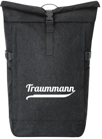 Huuraa Kurierrucksack Traummann Schriftzug 30-44 Liter Black Melange Fairtrade Rolltop Rucksack Geschenkidee