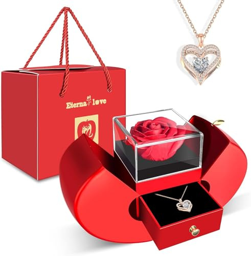 Preserved Red Rose Gifts for Mother, Girlfriend, Women, Wife, Grandmother, Eternal Flowers with Heart Necklace for Christmas, Valentine's Day, Mother's Day, Birthday, Anniversary, Thanksgiving Day