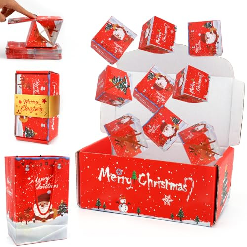 16stk Weihnachts-Geschenkboxen zum Hüpfen, Popup-Spardosen Hüpfboxen mit Geschenktüten Konfettipapier für Weihnachten (Rot)