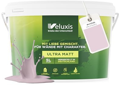 Veluxis® Peinture murale rose pour intérieur - 5 litres, classe d'opacité 1, sans traces, anti-gouttes, écologique, sans COV - (Milky Strawberry)