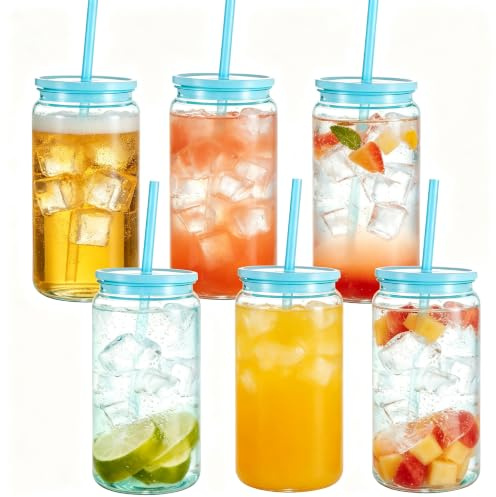 Yisituo 500ml Plastic Cups with Lids and Straws, Reusable Iced Coffee Cups, BPA Free for Smoothies, Hot/Cold Drinks, Cola, Juice, Soda, 6 Pack (6, Light Blue)