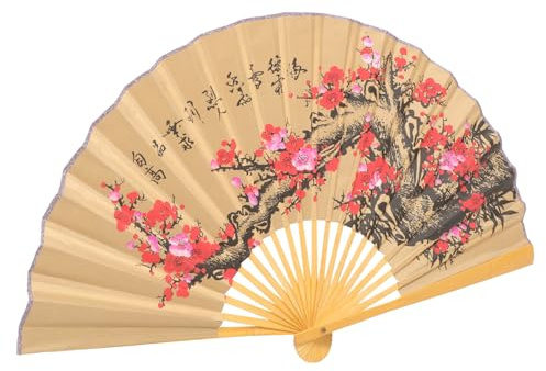 Éventail Chinois Décoratif Mural 0,5x0,9m Papier Bois | Éventail Japonais Fleur de Cerisier, Décoratif Oriental pour Photo et Célébrations, Style Chinois Khaki
