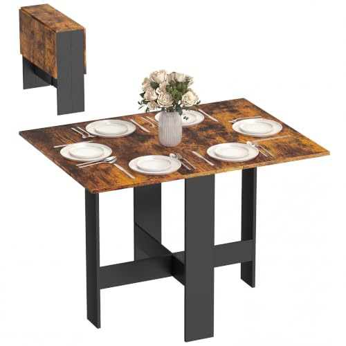 HOMCOM Folding Dining Table for 4-6 Drop Leaf Rustic Brown & Black | Space-Saving Kitchen Table, Multi-Functional Desk, for Small Space, Flat and Studio, Modern Breakfast Table