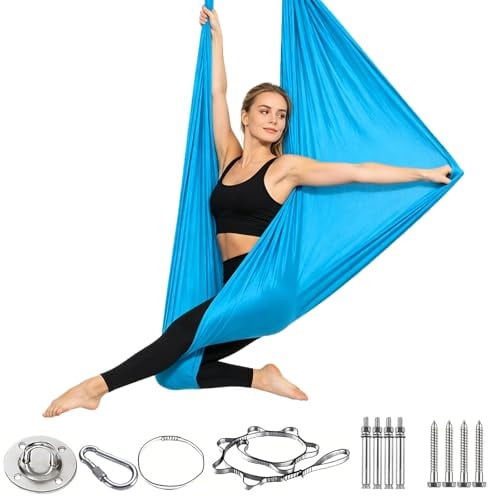 Tessuto Aereo Yoga Set per Adulti, 200 KG Amaca e Altalena per Yoga Aerea, 280x150CM, Tessuti Aerei Incluso Hardware di Installazione Completo per Danza, Pilates, Stretching Corporeo (Cielo blu)