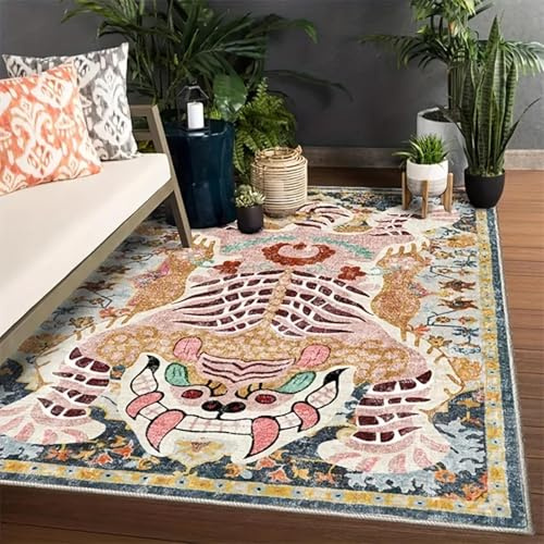 YEGRFJIS Waschbarer Tibetischer Tiger Teppich 90x185cm, Boho Orientalisches Muster, Rutschfester Vintage Teppich für Wohnzimmer Schlafzimmer, Exotischer Hippie Akzentteppich mit Tiermotiv
