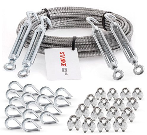Seilwerk STANKE Câble d’acier galvanisé 40m diamètre 3mm 6x7, 4x Tendeur M5 Œil-Crochet, 16x Cosse-Cœur, 16x Serre-câble à étrier - SET 6
